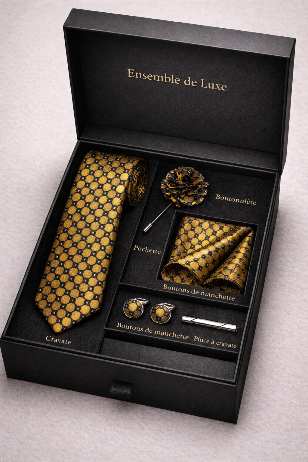 Le coffret qui transforme un homme en gentleman en 30 secondes – Ensemble luxe 5 pièces noir & or